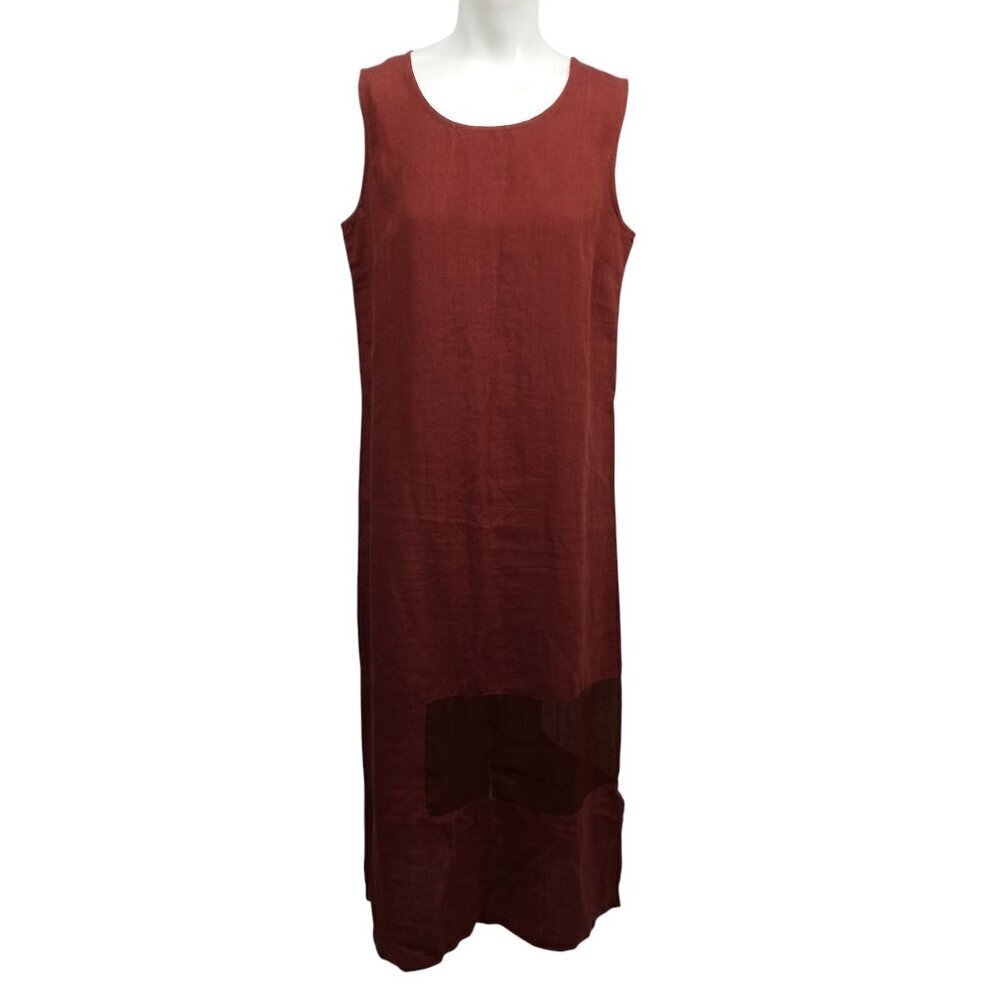 Animale 100% Linen Sleeveless Shift Maxi Dress Size M Rust Sheer Lagenlook Art